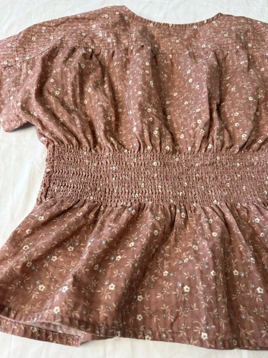 Madewell XXS Brown Floral Printed Smocked Peplum Blouse V-Neck  Top Boho - Picture 7 of 8